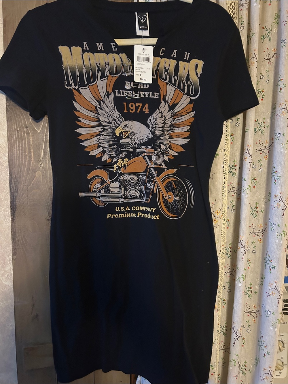 Windsor Black Graphic Mini Dress with Orange and Cream Motorcycle Print